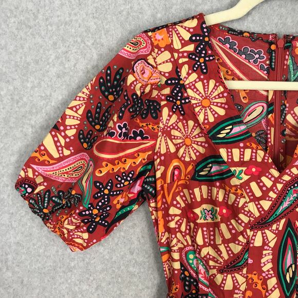 Rachel Zoe Romper Womens XS Red Paisley Belt‎ Puff Tropical Boho Resort Coastal - Picture 3 of 12